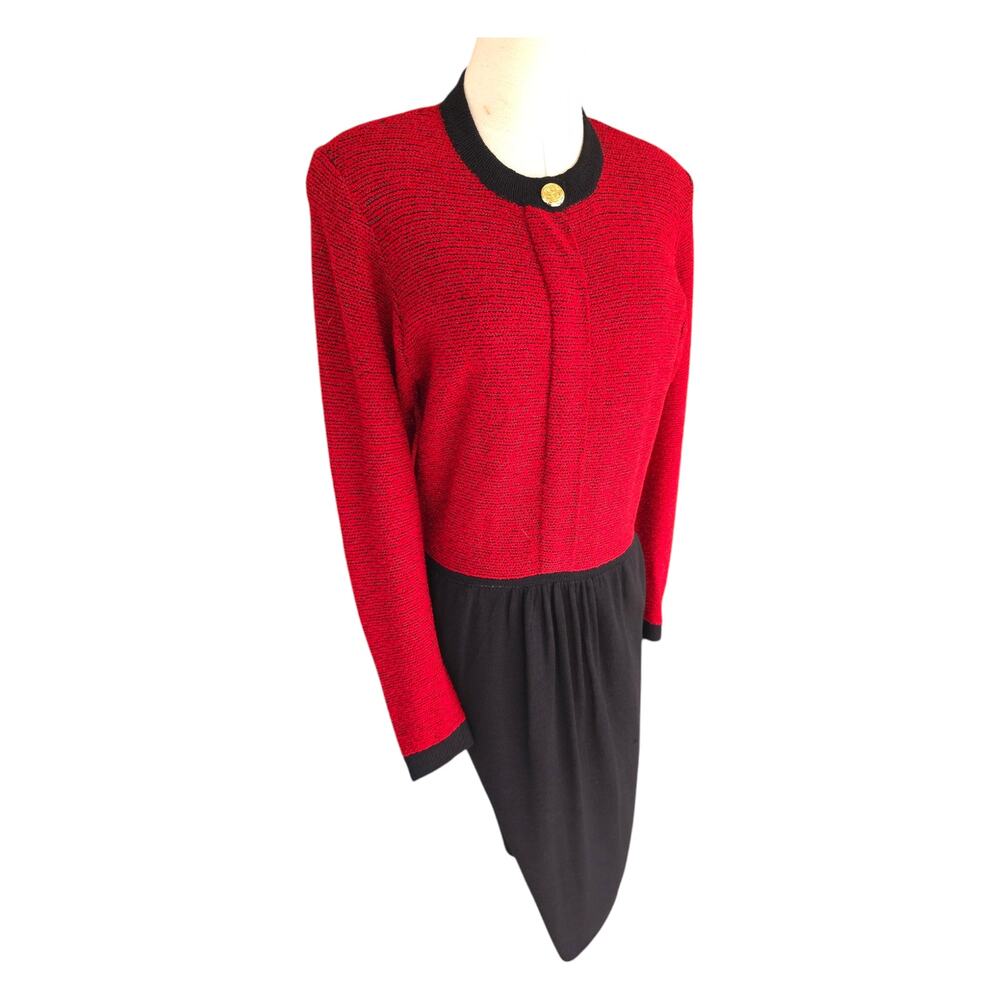 Vintage 1980s St. John by Marie Gray Knit Red and Black Colorblock Dress